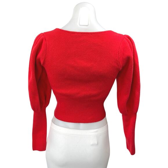 ASTR The Label Red Ribbed Long Puff Sleeve Square Neck Sweater Crop Top Size XS - Picture 3 of 5